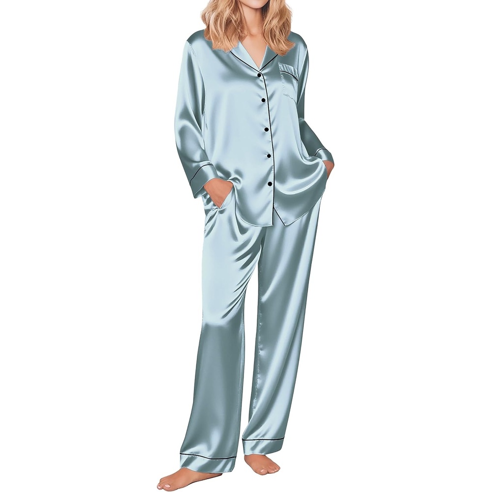 image:imageEkouaer Womens Silk Satin Pajama Set Button Up Long Sleeve Pjs SleepwearLight Gray Blue
