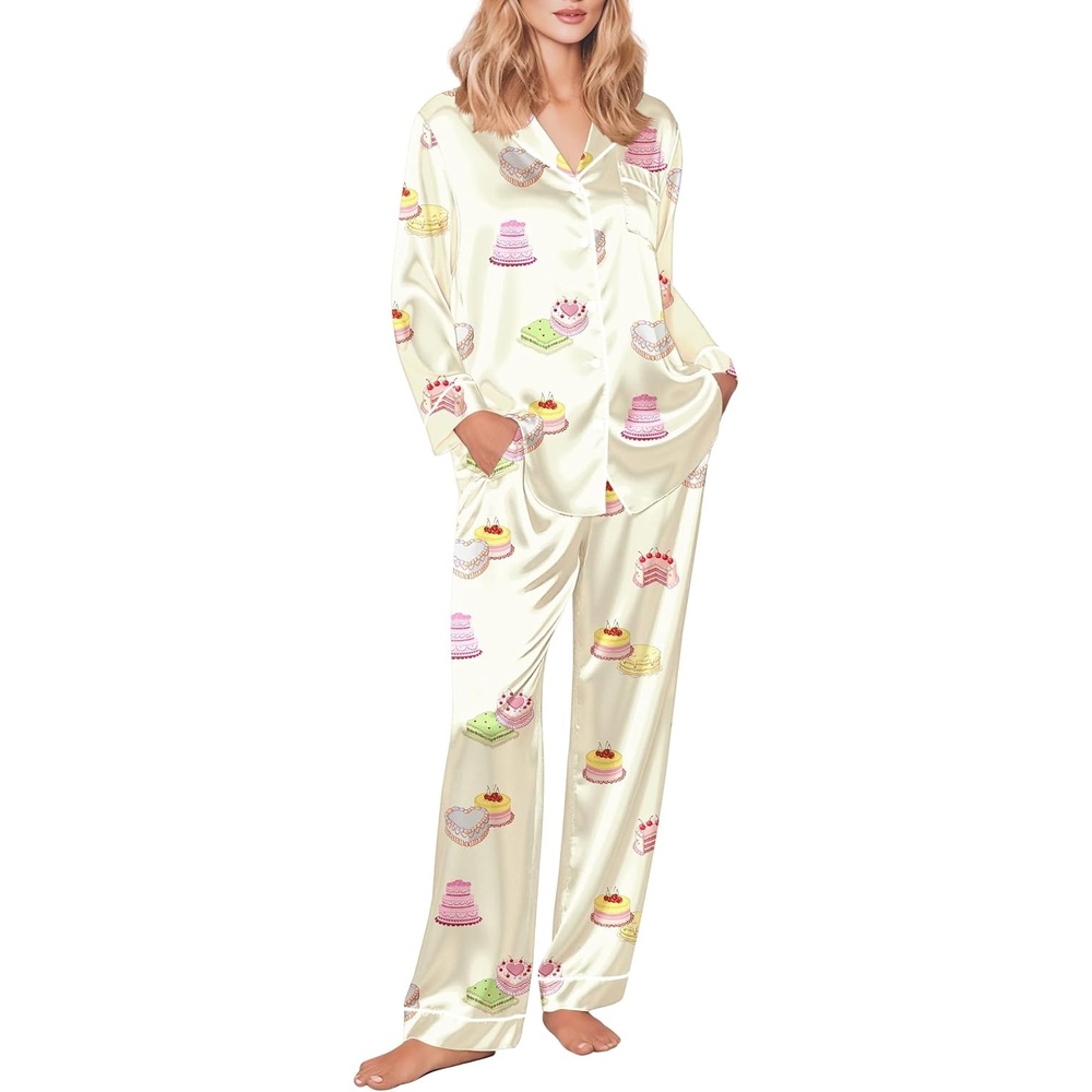 image:imageEkouaer Womens Silk Satin Pajama Set Button Up Long Sleeve Pjs SleepwearLight Yellow Cake