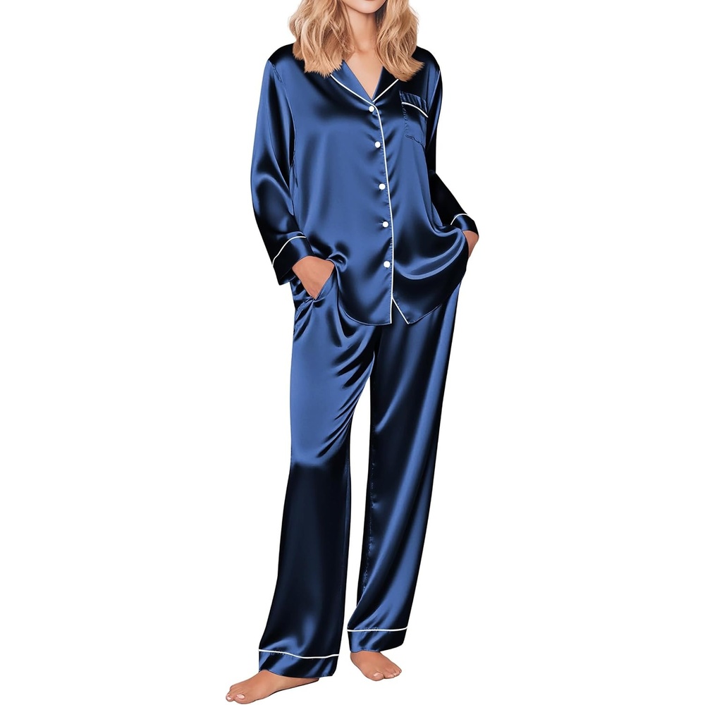image:imageEkouaer Womens Silk Satin Pajama Set Button Up Long Sleeve Pjs SleepwearNavy