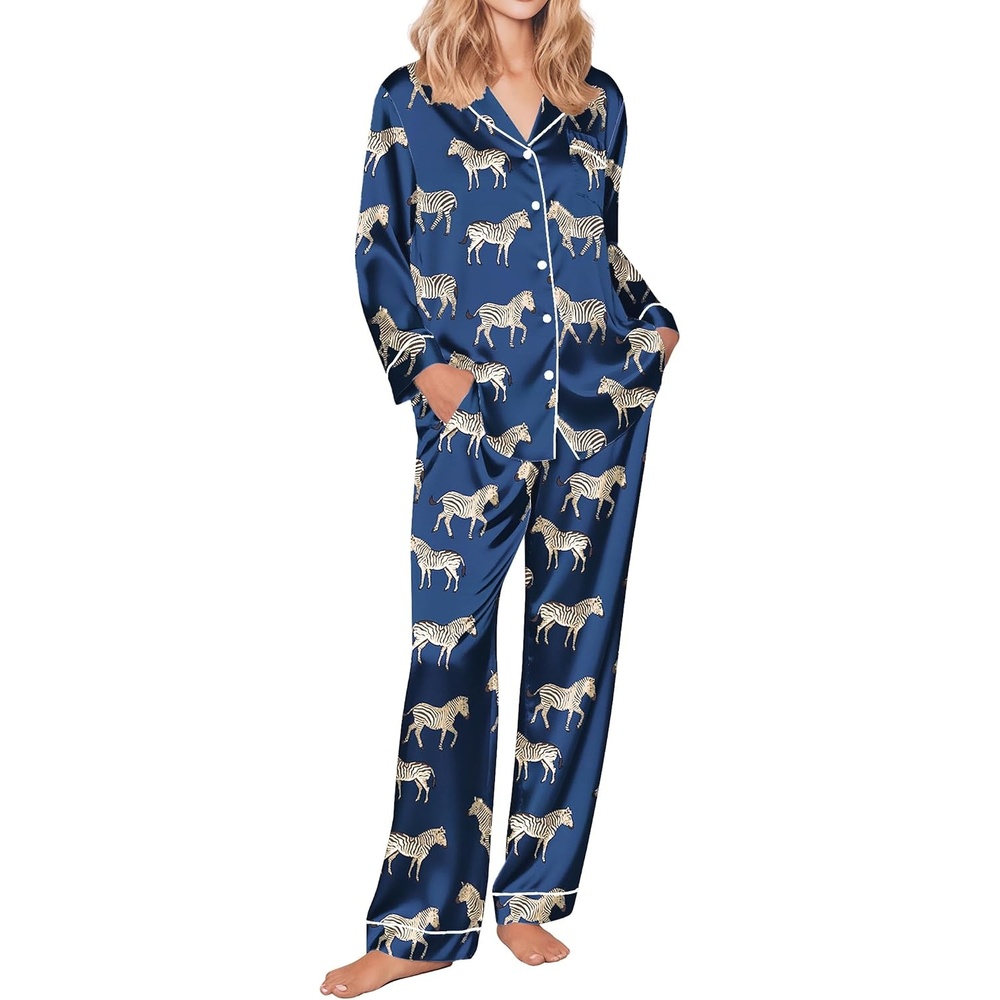 image:imageEkouaer Womens Silk Satin Pajama Set Button Up Long Sleeve Pjs SleepwearNavy Zebra