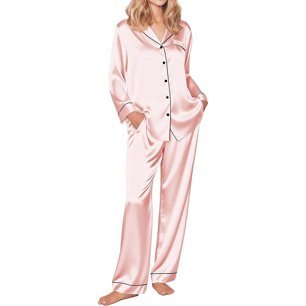 image:imageEkouaer Womens Silk Satin Pajama Set Button Up Long Sleeve Pjs SleepwearPink