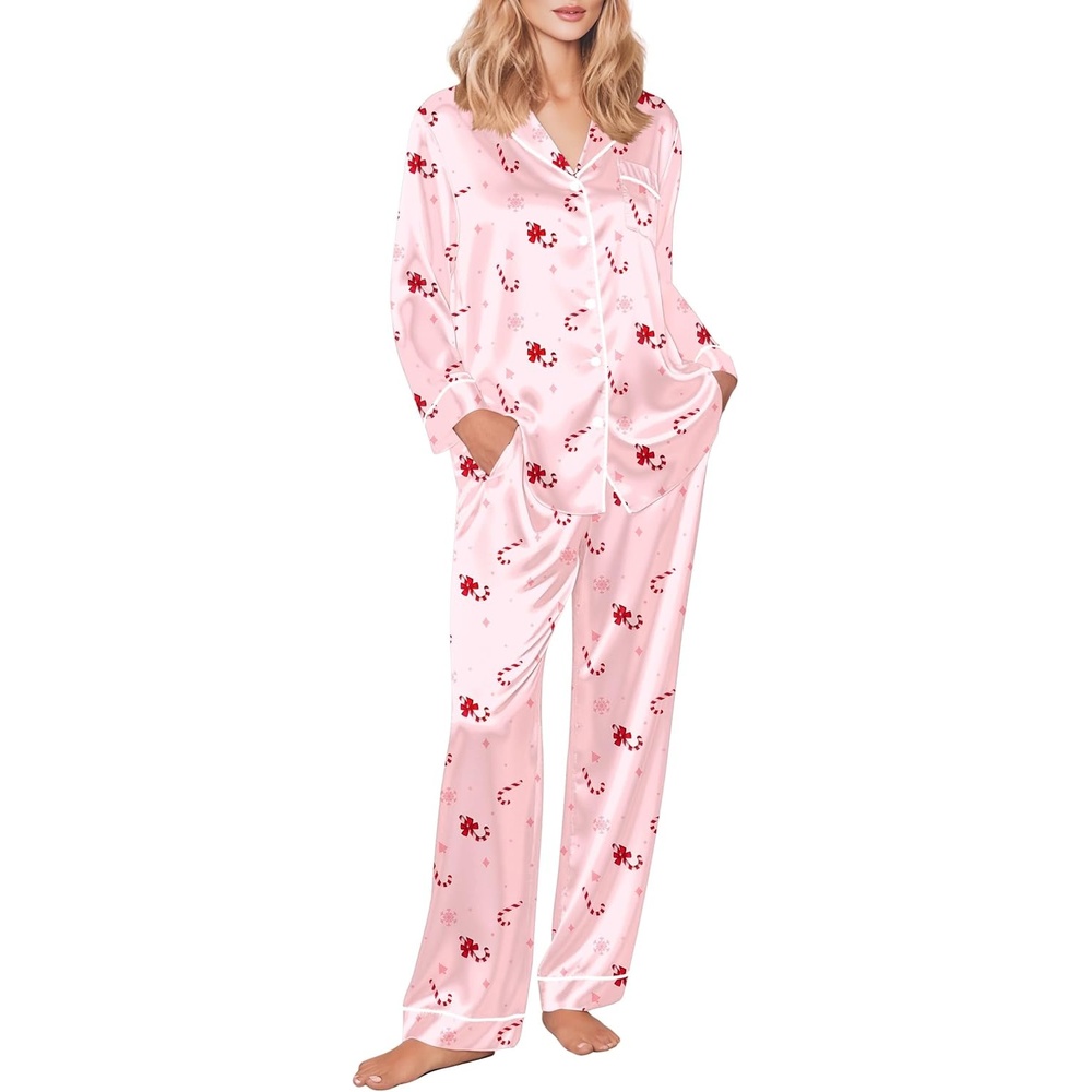 image:imageEkouaer Womens Silk Satin Pajama Set Button Up Long Sleeve Pjs SleepwearPink Candy Cane
