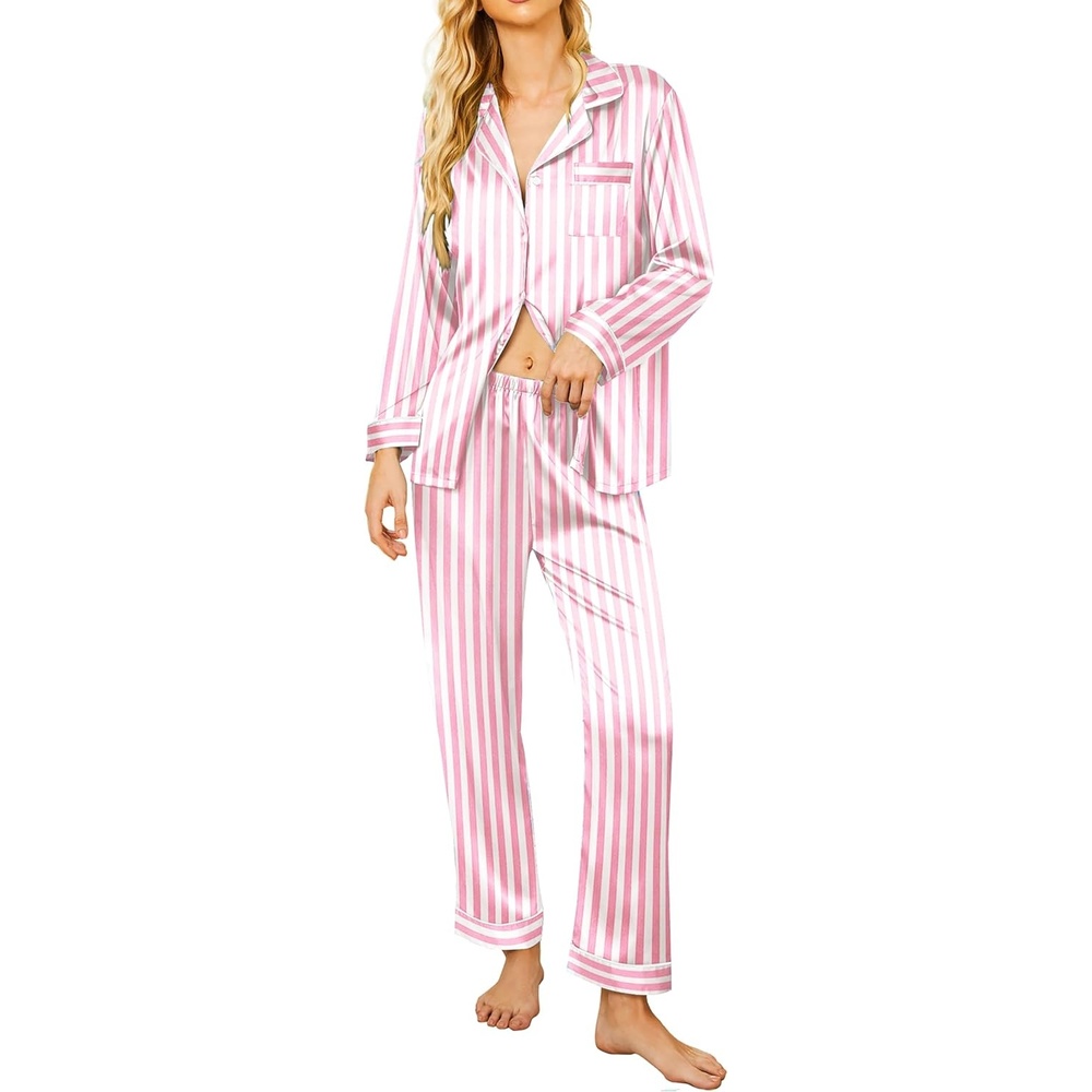 image:imageEkouaer Womens Silk Satin Pajama Set Button Up Long Sleeve Pjs SleepwearPink Striped