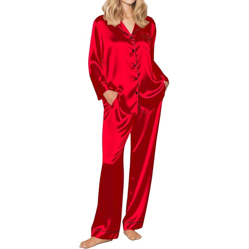 image:imageEkouaer Womens Silk Satin Pajama Set Button Up Long Sleeve Pjs SleepwearRed
