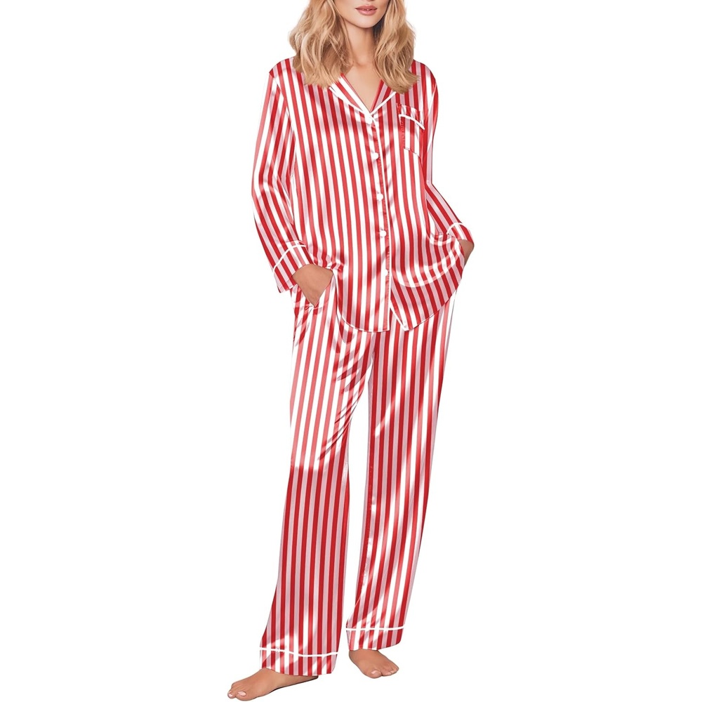 image:imageEkouaer Womens Silk Satin Pajama Set Button Up Long Sleeve Pjs SleepwearRed Stripes