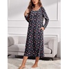 Ekouaer Long Sleeve Nightgowns for Women Sleep Shirt Henley Sleep Dress(Black Flower)