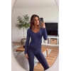 Ekouaer Womens Deep V Neck Long Sleeve Shirts Basic Thermal Tops(Navy Blue)