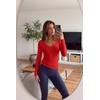 Ekouaer Womens Deep V Neck Long Sleeve Shirts Basic Thermal Tops(Red)
