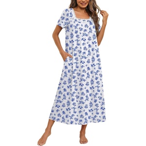 Ekouaer Cotton Long Nightgowns for Women Vintage House Dress with Pockets(Blue Floral)