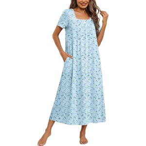 Ekouaer Cotton Long Nightgowns for Women Vintage House Dress with Pockets(Light Blue Floral)