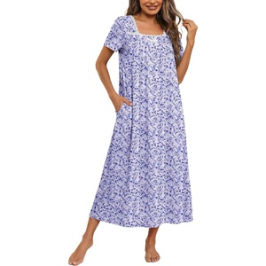 Ekouaer Cotton Long Nightgowns for Women Vintage House Dress with Pockets(Purple Speckle)