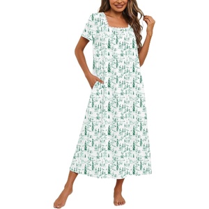 Ekouaer Cotton Long Nightgowns for Women Vintage House Dress with Pockets(White With Green Garden)