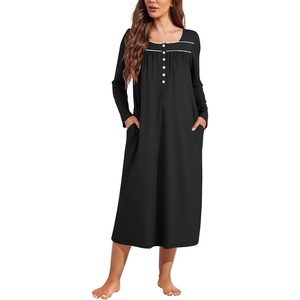 Ekouaer Long Sleeve Nightgowns for Women Sleep Shirt Henley Sleep Dress(Black)