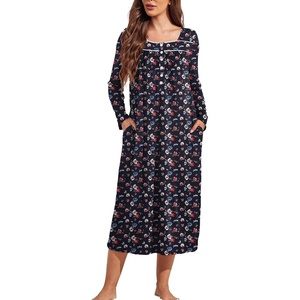 Ekouaer Long Sleeve Nightgowns for Women Sleep Shirt Henley Sleep Dress(Black Flower)