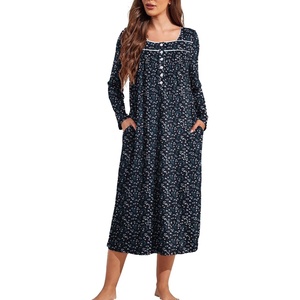 Ekouaer Long Sleeve Nightgowns for Women Sleep Shirt Henley Sleep Dress(Black and Green)