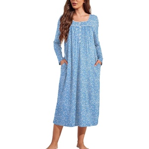 Ekouaer Long Sleeve Nightgowns for Women Sleep Shirt Henley Sleep Dress(Blue)