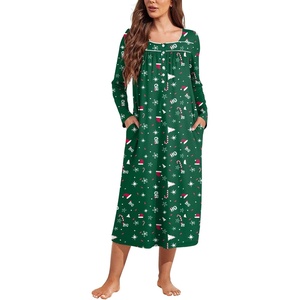 Ekouaer Long Sleeve Nightgowns for Women Sleep Shirt Henley Sleep Dress(Christmas Green)
