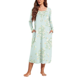 Ekouaer Long Sleeve Nightgowns for Women Sleep Shirt Henley Sleep Dress(Light Blue Floral)