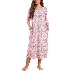 Ekouaer Long Sleeve Nightgowns for Women Sleep Shirt Henley Sleep Dress(Pink Floral)
