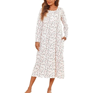 Ekouaer Long Sleeve Nightgowns for Women Sleep Shirt Henley Sleep Dress(Pink Flowers)