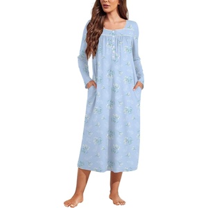Ekouaer Long Sleeve Nightgowns for Women Sleep Shirt Henley Sleep Dress(Sky Blue Floral)