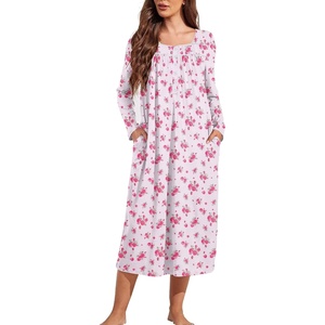 Ekouaer Long Sleeve Nightgowns for Women Sleep Shirt Henley Sleep Dress(White and Pink)