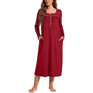Ekouaer Long Sleeve Nightgowns for Women Sleep Shirt Henley Sleep Dress(Wine Red)