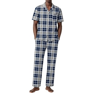 Ekouaer Men’s Cotton Pajama Set Short Sleeve Button Down Sleepwear Pjs(Plaid/Blue Grey)