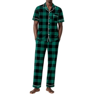 Ekouaer Men’s Cotton Pajama Set Short Sleeve Button Down Sleepwear Pjs(Plaid/Green and Black)
