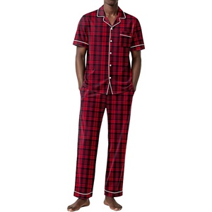 Ekouaer Men’s Cotton Pajama Set Short Sleeve Button Down Sleepwear Pjs(Plaid/Red and Black)