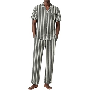 Ekouaer Men’s Cotton Pajama Set Short Sleeve Button Down Sleepwear Pjs(Striped/Dark Grey & Apricot)