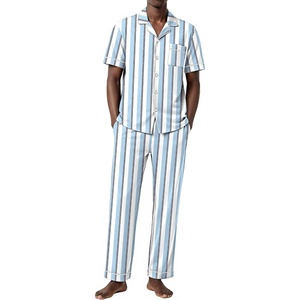 Ekouaer Men’s Cotton Pajama Set Short Sleeve Button Down Sleepwear Pjs(Striped/White & Blue)