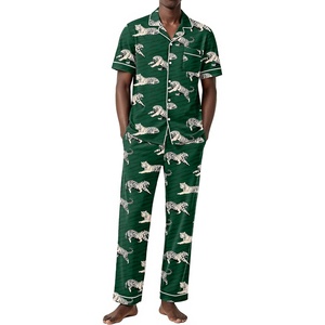 Ekouaer Men’s Cotton Pajama Set Short Sleeve Button Down Sleepwear Pjs(Tiger/Green)