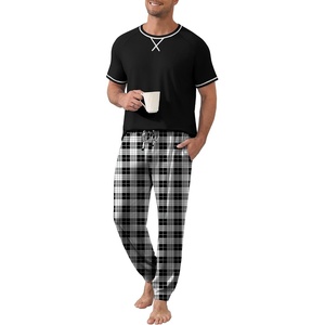 Ekouaer Mens Pajama Set Short Sleeve Pjs with Pant 2 Piece Lounge Set S-3XL(Black-white Plaid)