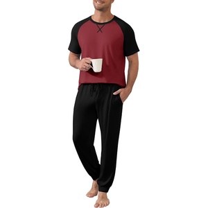 Ekouaer Mens Pajama Set Short Sleeve Pjs with Pant 2 Piece Lounge Set S-3XL(Deep Red Black)