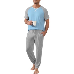 Ekouaer Mens Pajama Set Short Sleeve Pjs with Pant 2 Piece Lounge Set S-3XL(Light Blue Grey)