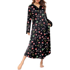 Ekouaer Nightgowns for Women Long Sleeve Winter Night Gown with Pockets(Chirstmas Black)