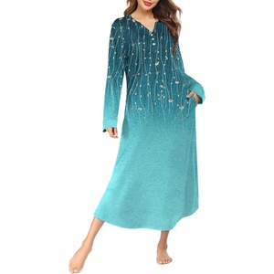 Ekouaer Nightgowns for Women Long Sleeve Winter Night Gown with Pockets(Green Leaves)