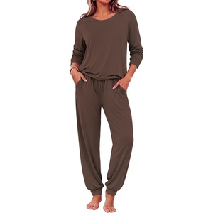 Ekouaer Pajamas for Women Set Long Sleeve Pjs Soft 2 Piece Cozy Loungewear(Brown)