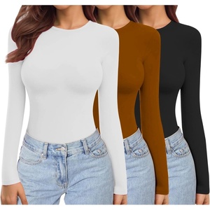 Ekouaer Womens 3 Pack Long Sleeve Shirts Stretch Fitted Thermal Underscrubs(Black/White/Light Brown)