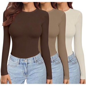 Ekouaer Womens 3 Pack Long Sleeve Shirts Stretch Fitted Thermal Underscrubs(Coffee/Brown/Beige)