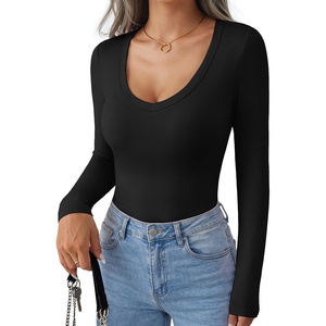 Ekouaer Womens Deep V Neck Long Sleeve Shirts Basic Thermal Tops(Black)