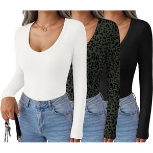 Ekouaer Womens Deep V Neck Long Sleeve Shirts Basic Thermal Tops(Black/White/Dark Green Leopard)