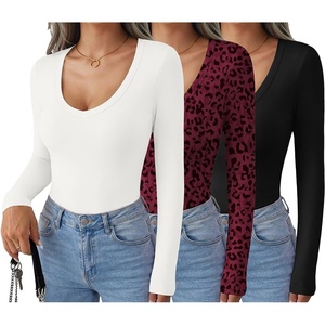 Ekouaer Womens Deep V Neck Long Sleeve Shirts Basic Thermal Tops(Black/White/Wine Red Leopard)