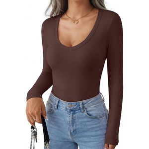 Ekouaer Womens Deep V Neck Long Sleeve Shirts Basic Thermal Tops(Coffee)