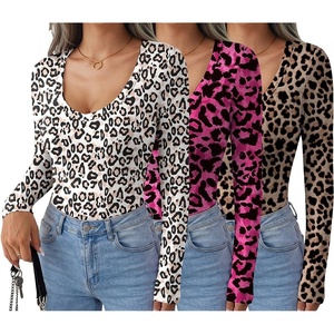 Ekouaer Womens Deep V Neck Long Sleeve Shirts Basic Thermal Tops(Leopard-hot Pink/Black White Khaki/Brown)