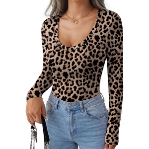 Ekouaer Womens Deep V Neck Long Sleeve Shirts Basic Thermal Tops(Light Brown Leopard)