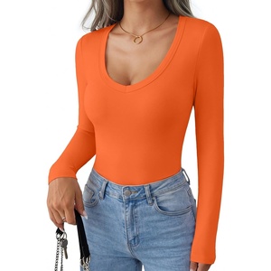 Ekouaer Womens Deep V Neck Long Sleeve Shirts Basic Thermal Tops(Orange)