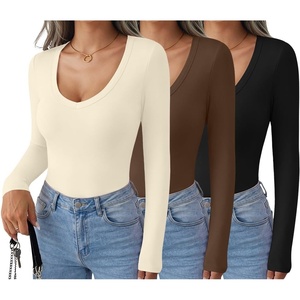 Ekouaer Womens Deep V Neck Long Sleeve Shirts Basic Thermal Tops(Z-black/Coffee/Beige)