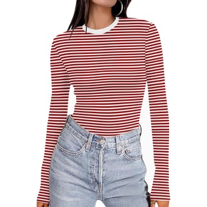 Ekouaer Women’s Long Sleeve Shirts Tight Fitted Tops Thermal Underscrubs(Red White Stripe)